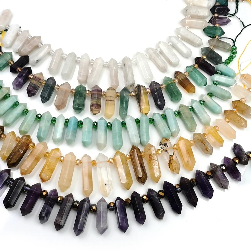 Hexagon Point Natural Stone Loose Bead Strand Amazonite Amethyst White Agate Citrine New Healing Crystal For Making DIY Necklace