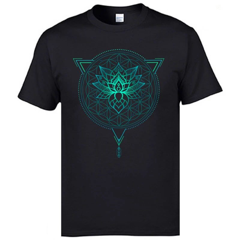 Mandala Lotus Classic T-shirt Men's Fashion Casual Summer Men's T-shirt Polyester Fiber Fabric  Black Loose Comfortable T-shirt.