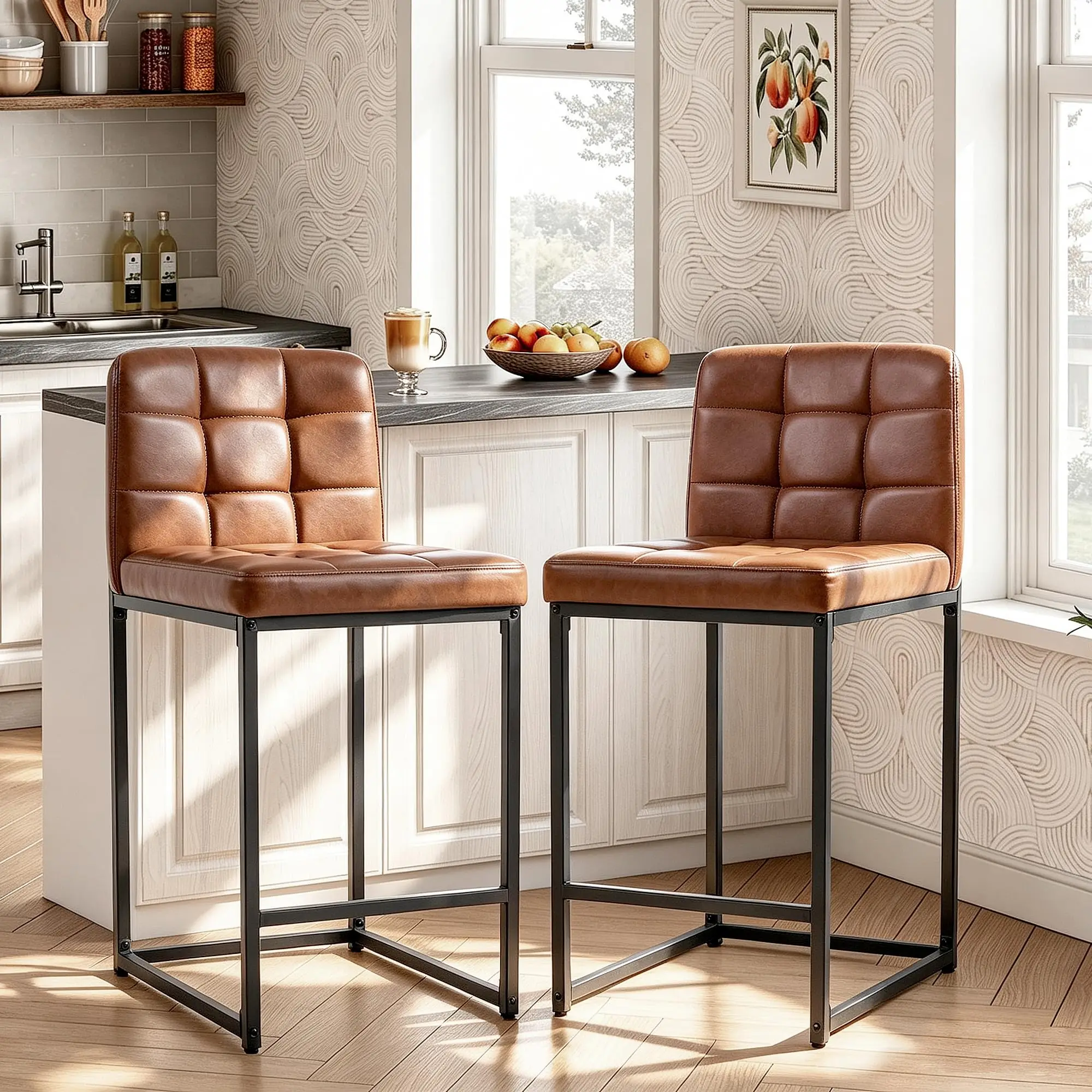 Set Of 2 Counter Height Bar Stools, 25 Inch Faux Leather Upholstered Kitchen Island Chairs With Back, Footrest And Metal Legs