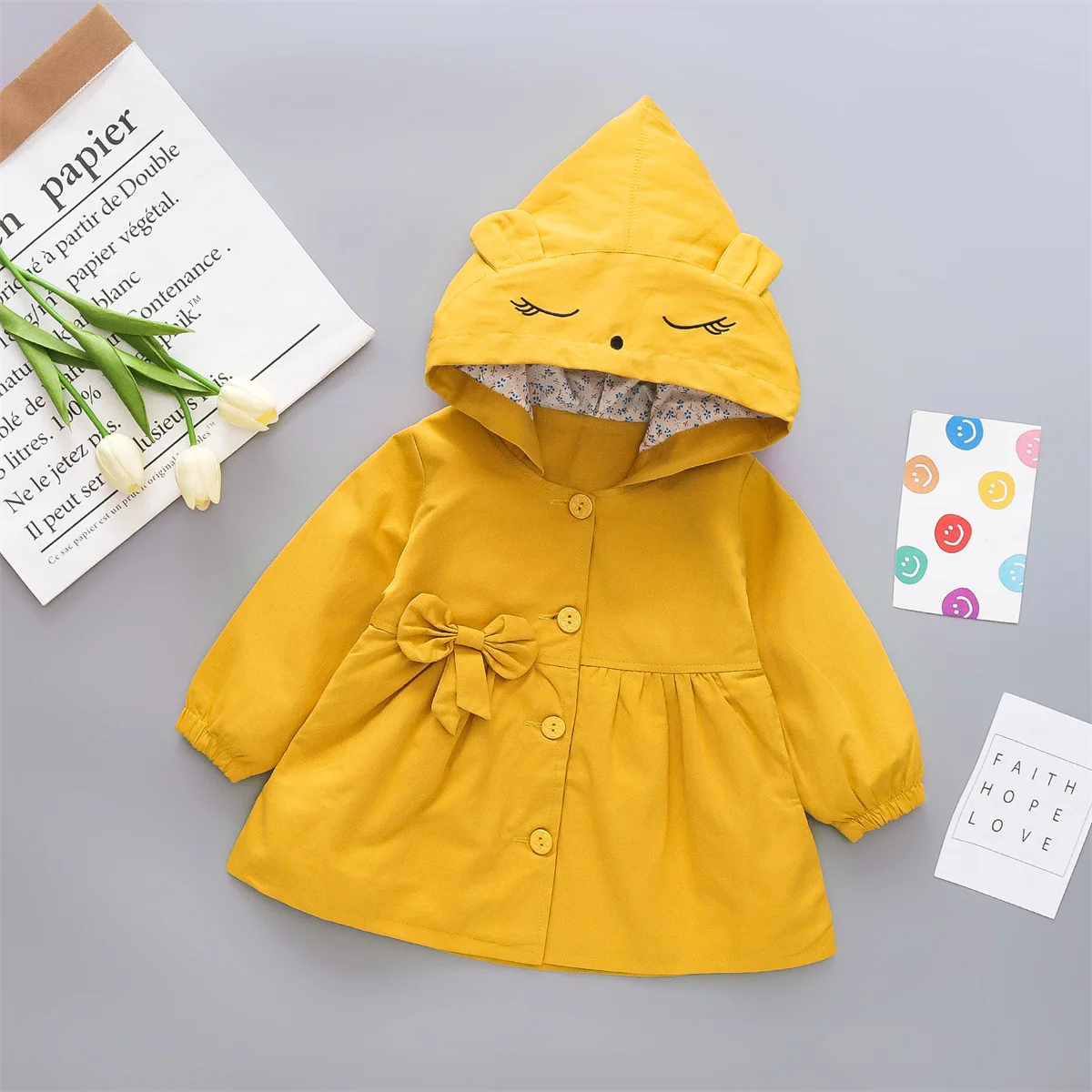 Spring And Autumn 0-3 Year Old Girl Cute Hooded Coat Baby Solid Single Breasted Hat Embroidered Cartoon Sweet Windbreaker