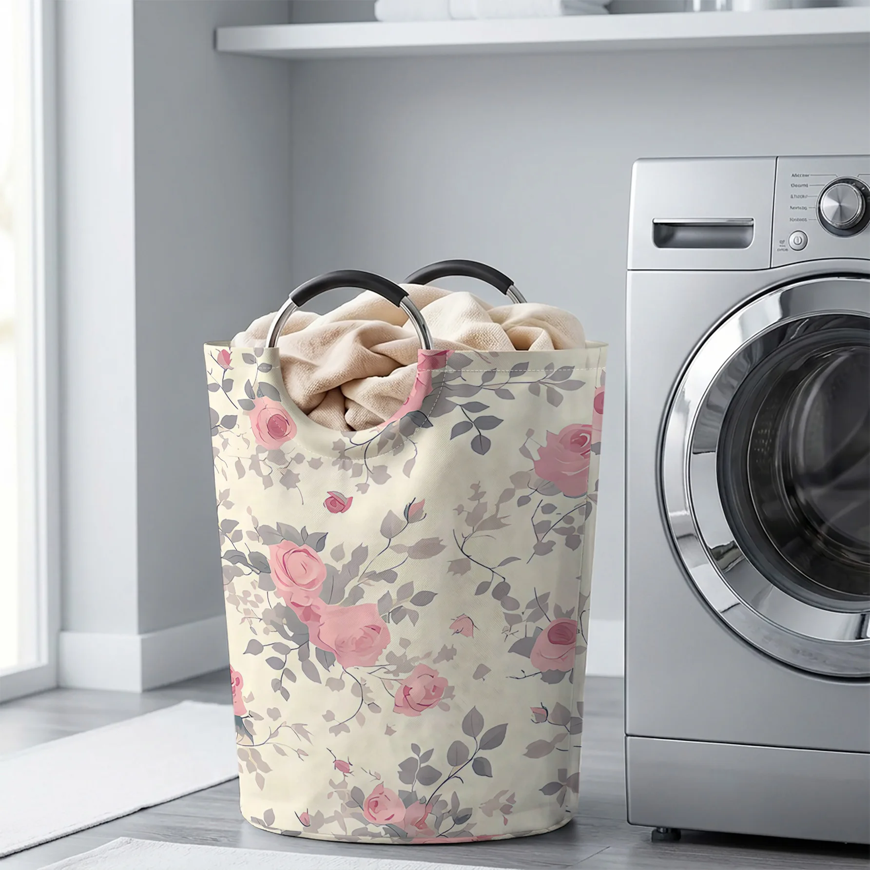 Vintage Pink Rose Floral All‑Over Print Handheld Storage Basket, For Laundry, Bedroom & Home Sundries Storage