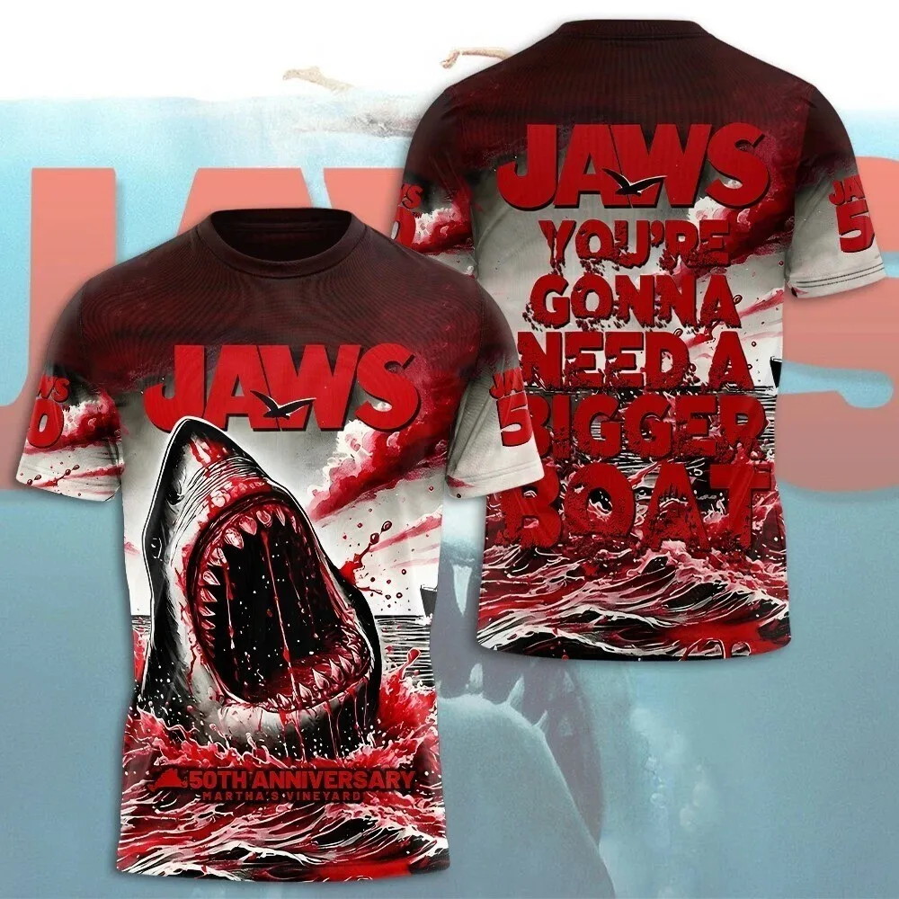 Jaws 3D print 50th anniversary commemorative men's T-shirt summer casual round neck short sleeved breathable sports T-shirt top