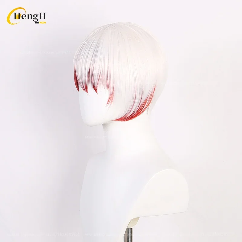 Anime Tetcho Suehiro sintetis uniseks 30cm Wig Cosplay gradien merah putih dengan anting Wig pesta rambut tahan panas + topi Wig