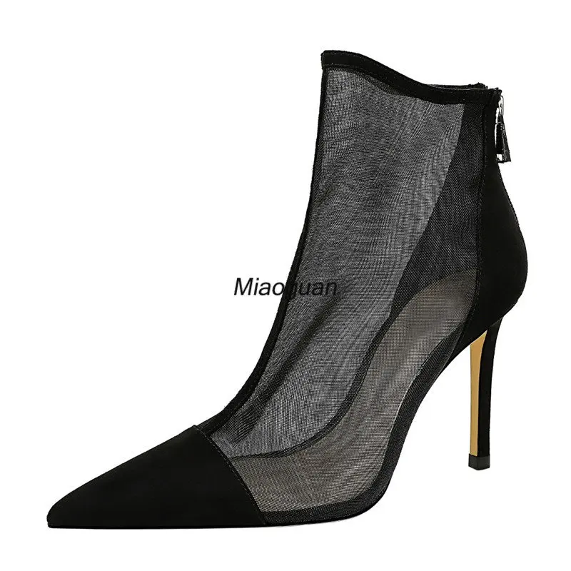 New Spring Autumn Sexy Mesh Women Ankle Boots Pointed Toe Fashion Zip Ladies Party Stiletto High Heels Stripper Shoes Size 34-40