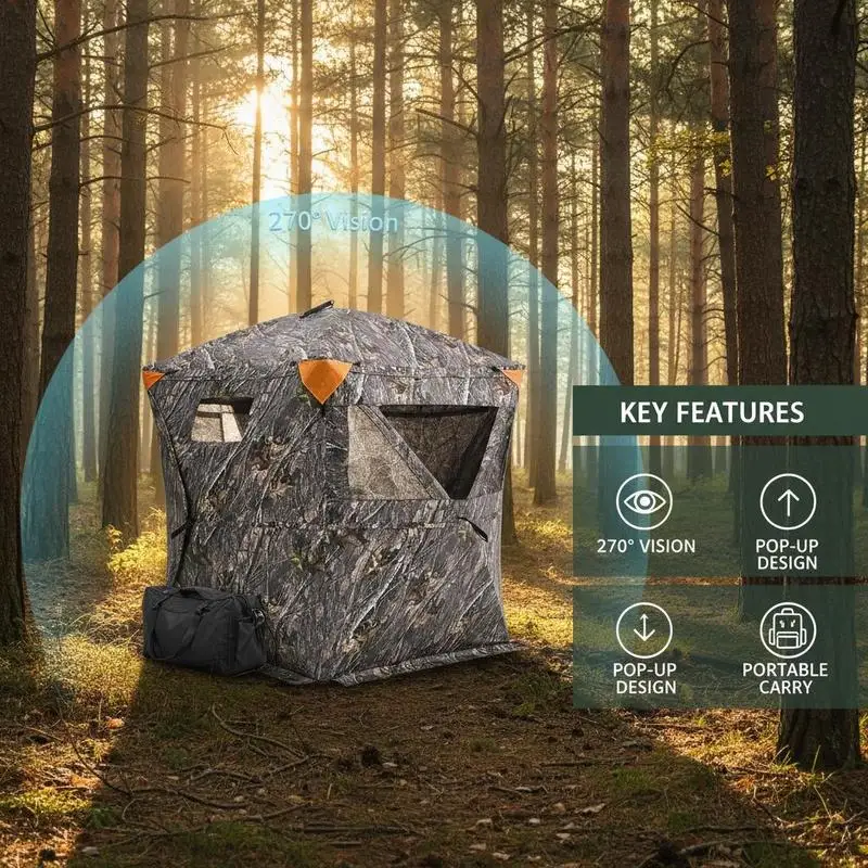 Ground Hunting Tent 60x60x66 Inches For Deer Hunting Turkey Season Archery, 270 Degree One Way Mirror Vision 3 Horizontal Windows Resilient Fabric Portable Carrying Bag Pop Up Design 1-2 Person Capacity 300D Oxford Cloth Outdoor Concealment Gear view 4