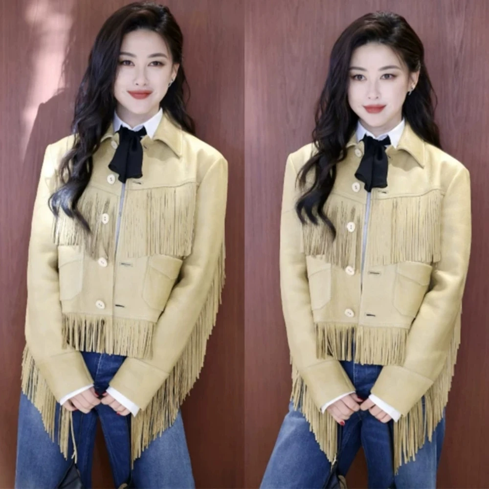 

Fringed Western Denim Leather Jacket Outwear Women's Classy Pockets Single Breated Geniune Leather Short Jacket