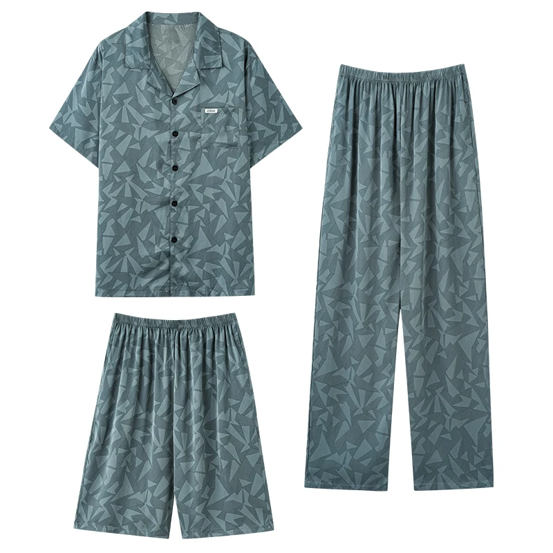 Summer Silk Men Pajamas Short Sleeve Turn-down Collar Male Sleepwear Short Tops+Short Pants+Long Pants 3Pes Set Mens Pyjamas