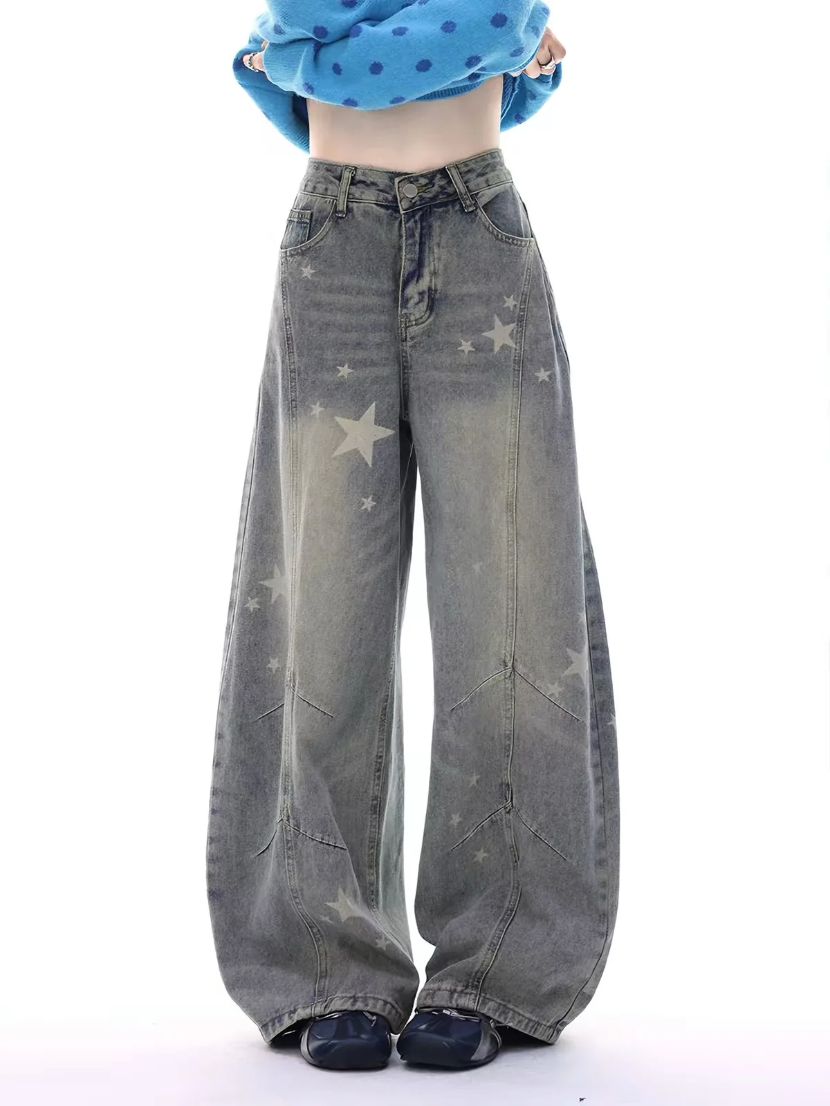 Stars Amei Wide Leg Denim Jeans Women's Autumn Winter New Small Size Large Print Draping Long Pants High Waist Zipper Closure