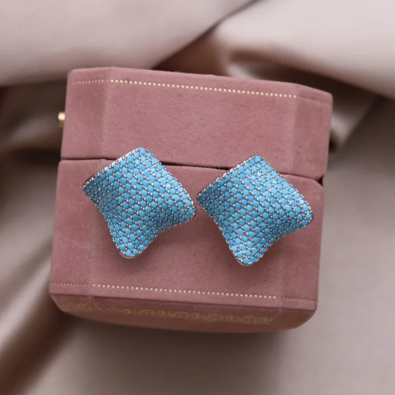 Korean new design fashion jewelry 14K gold plated wavy square blue zircon earrings elegant women daily work accessories