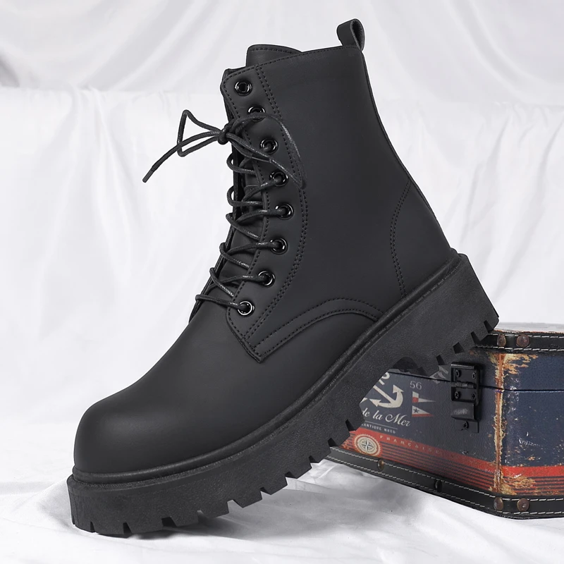Men\'s Workwear Boots Autumn British Style Retro Round Head Solid Colour Footwear Lace Up Walking Shoes Ride Long boots