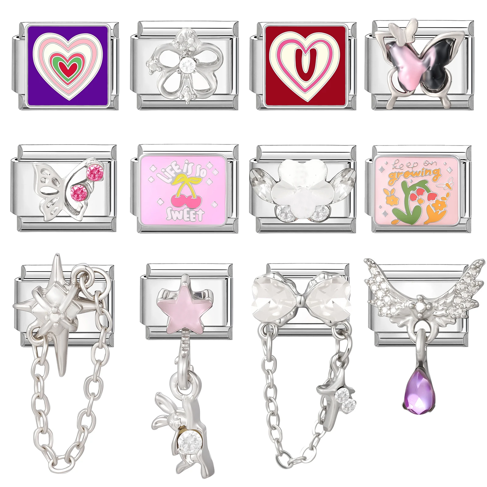 

Y2K Zircon Heart Butterfly Moon Star Bow Pearl Pendant Italian Charm Links Fit 9MM Stainless Steel Bracelet Girls' DIY Making