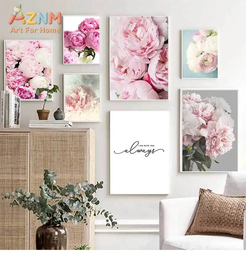 AZNM Aesthetic Pink Peony Floral Canvas Wall Art Blooming Flower Always Letter Quote Print for Living Room Bedroom Home Wall Dec