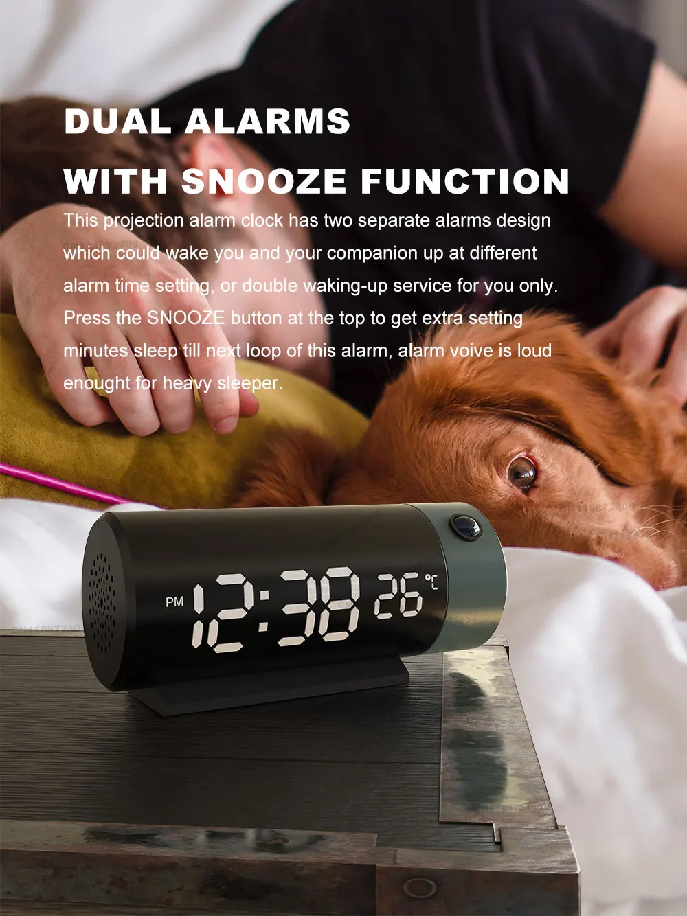 Projection Alarm Clock for Bedrooms Digital Clock with 180° Rotatable Projector Automatic Brightness Dimmer Temperature