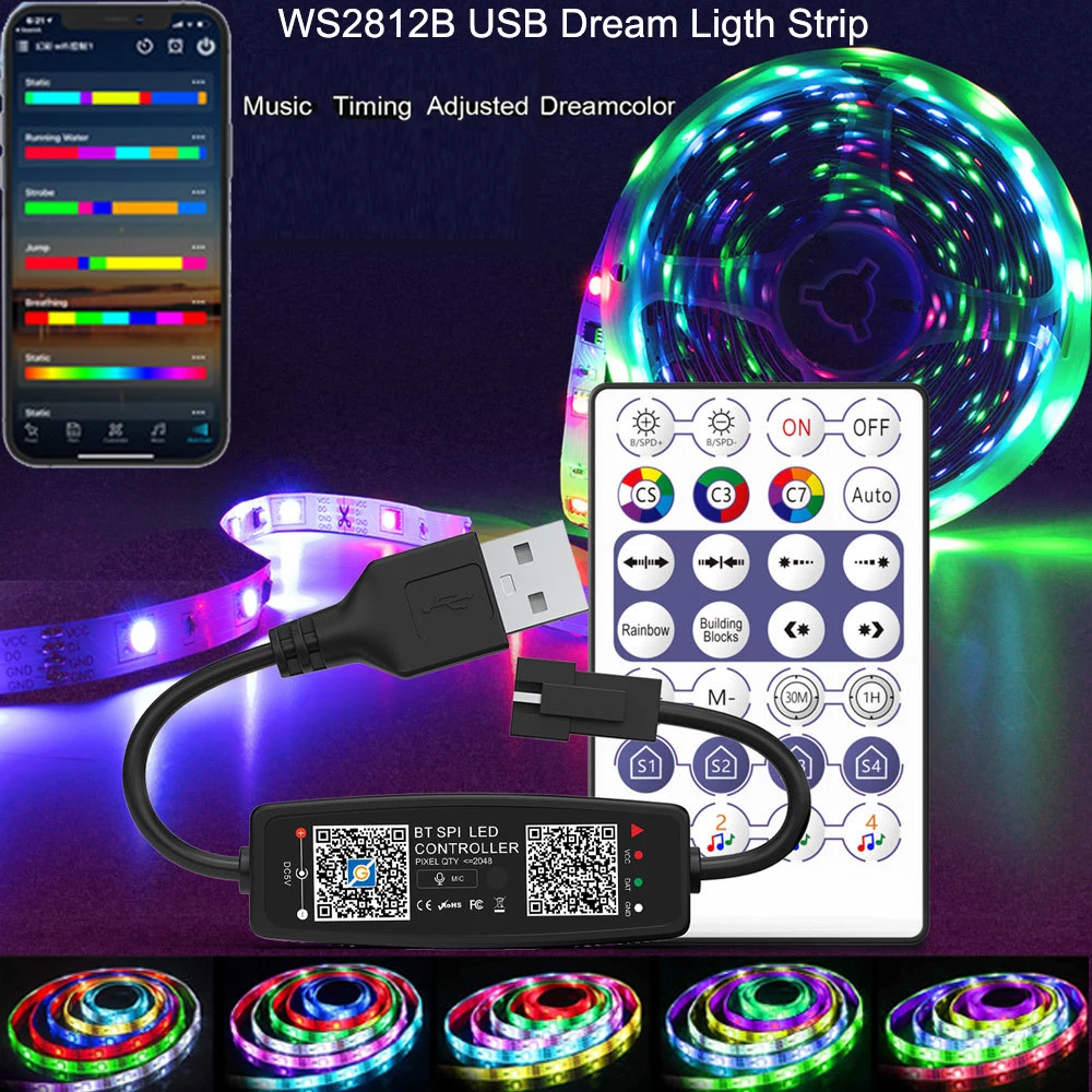 WS2811 WS2812B Controller Music Bluetooth App Built In Mic Pixel LED Strip Light WS2812 Addressable LED Light Strip USB DC5V-24V