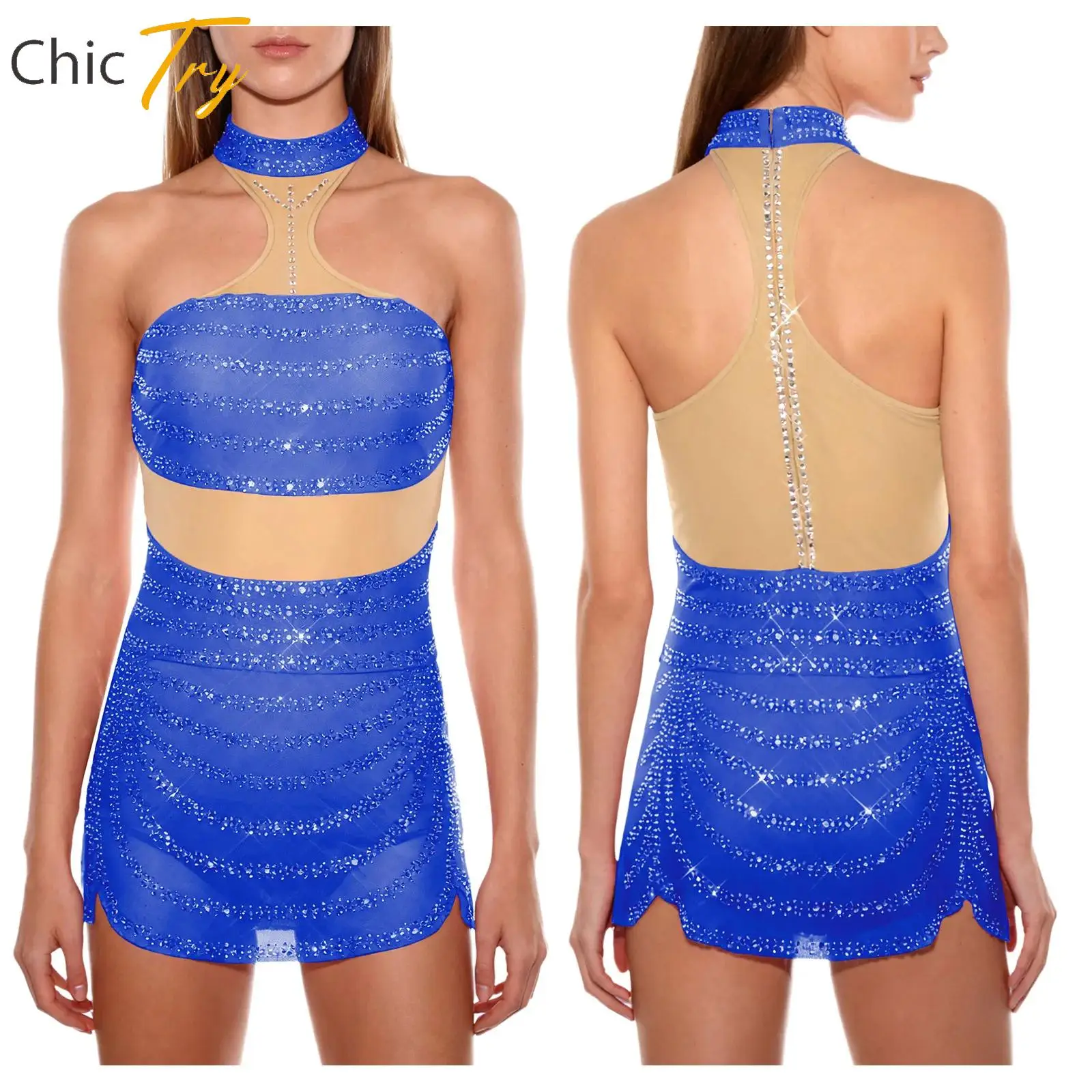 

Womens Rhythmic Gymnastics Figure Skating Latin Cha-cha Rumba Dance Leotard Dress Halter Sleeveless Rhinestone Dress Dancewear