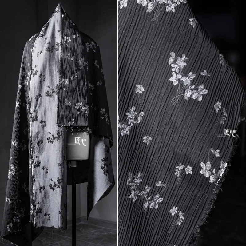 Black and White Cherry Blossom Jacquard Cotton Linen Fabric with Reconstructed Pleated Texture Artistic Chinese Style Hanfu
