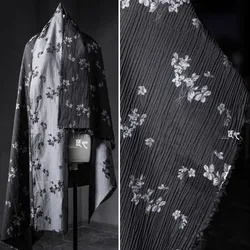 Black and White Cherry Blossom Jacquard Cotton Linen Fabric with Reconstructed Pleated Texture  Artistic Chinese Style Hanfu