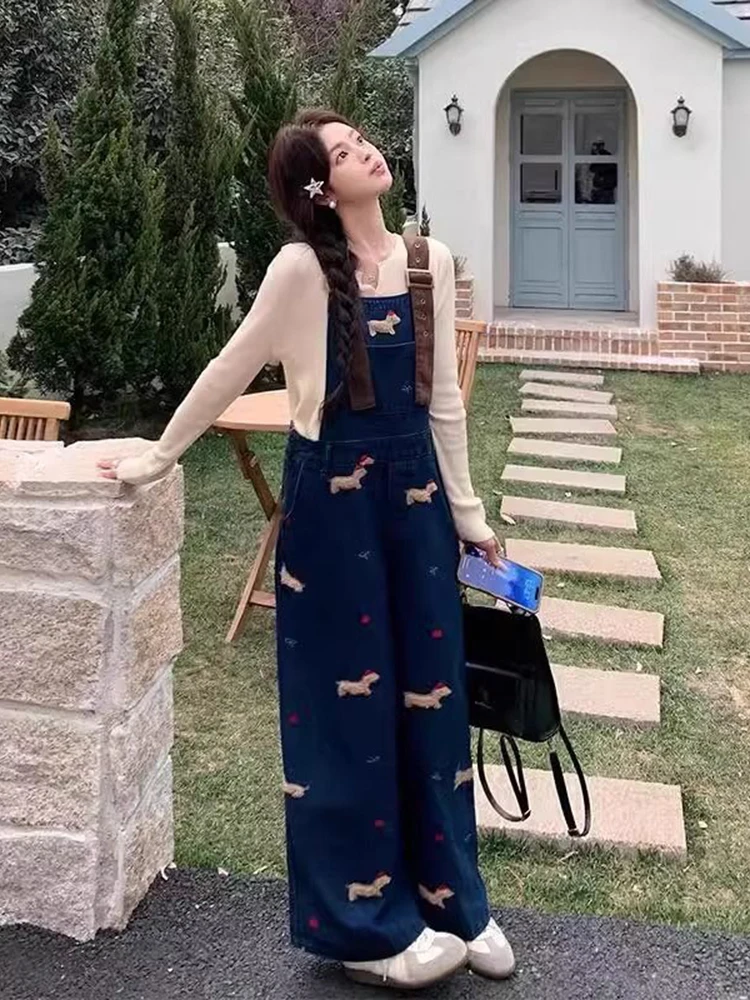 American style retro embroidered denim jumpsuit women's 2025 autumn new loose fit anti-aging fashion casual jumpsuit