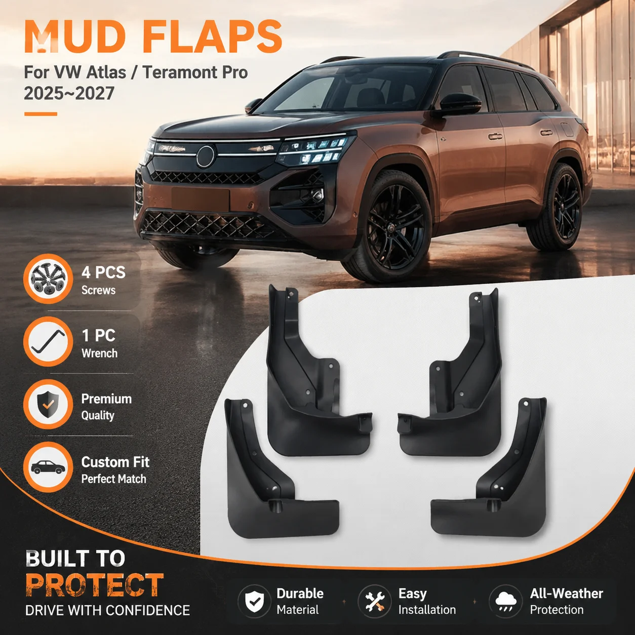 

For Volkswagen Atlas Teramont Pro 2025 2026 2027 4PCS Car Fender Mudguards Anti-splash Mud Flap Guard Mudflap Reduces Dust