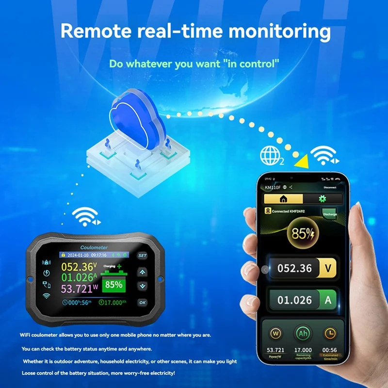 KM110F Coulomb Meter With WIFI Highprecision Bidirectional Current Detection Displays Battery Voltage Power For RV & EV