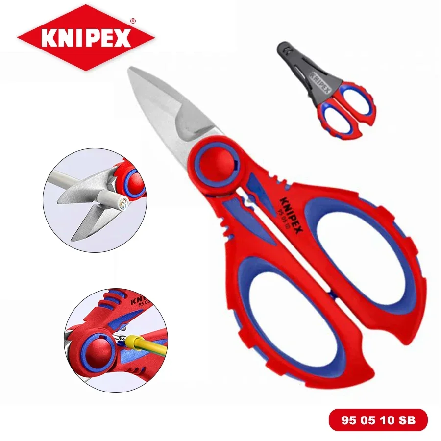 KNIPEX 950510SB Electrician Scissors Stainless Steel Scissors for Electricians with Non-slip Handle and Ferrule Crimp Area