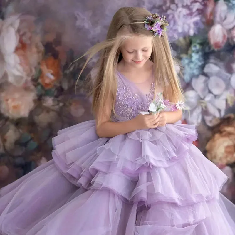 Baby Girls Very Elegant Party Ball Gown Toddler Girls Puffy Lush Cocktail Banquet Prom Dress Long Tutu Princess Dresses Purple