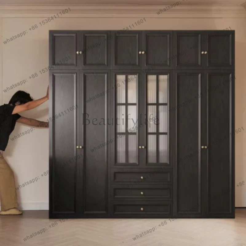 Factory Direct Organizer Double Wardrobe French Retro Storage Cabinet Glass Door Designer Wardrobe Black House Wooden Bedroom Fu