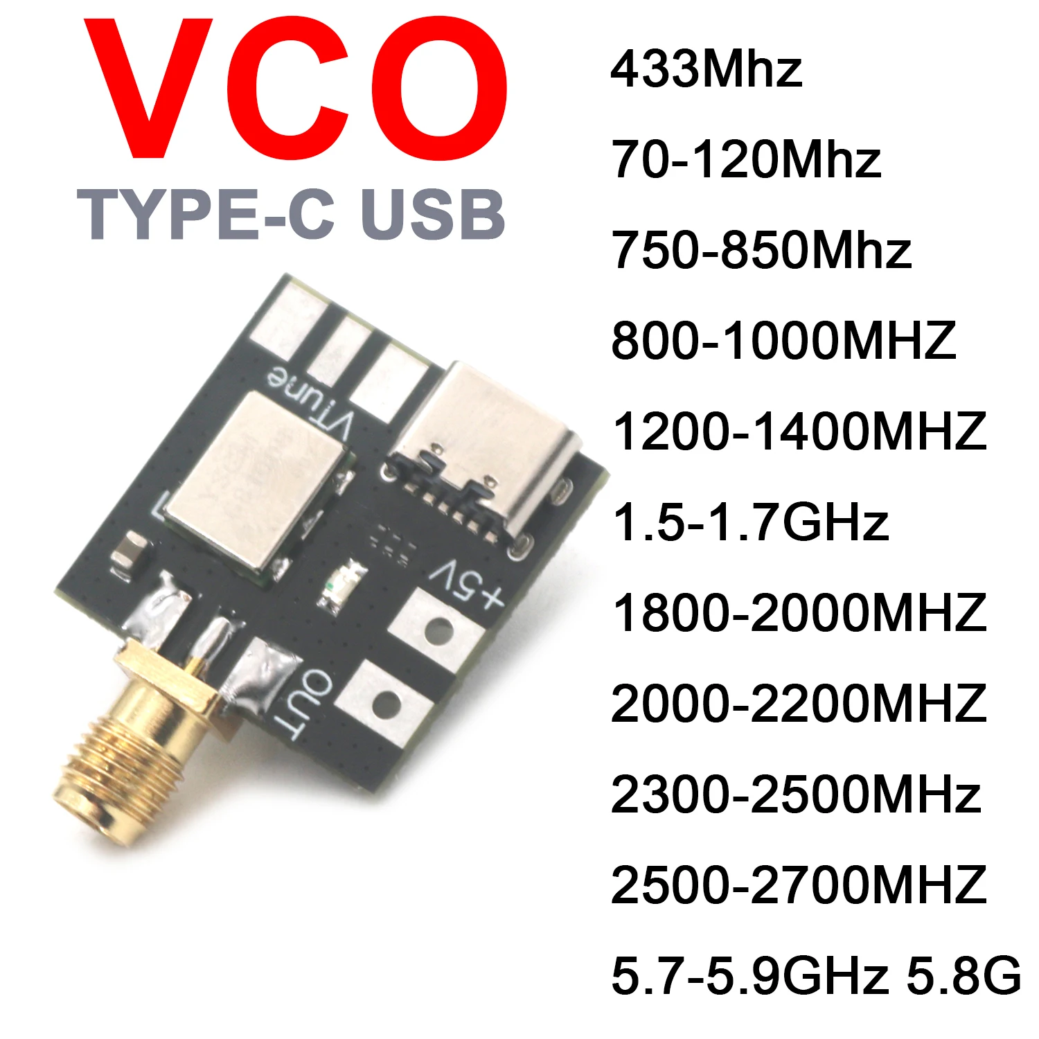 RF VCO Voltage Controlled Oscillator Signal Source 70-120M 433M 800M 900M 1.2G 1.5G 2.4G 5.8G PLL FM Radio SW VHF VHF SDR WIFI