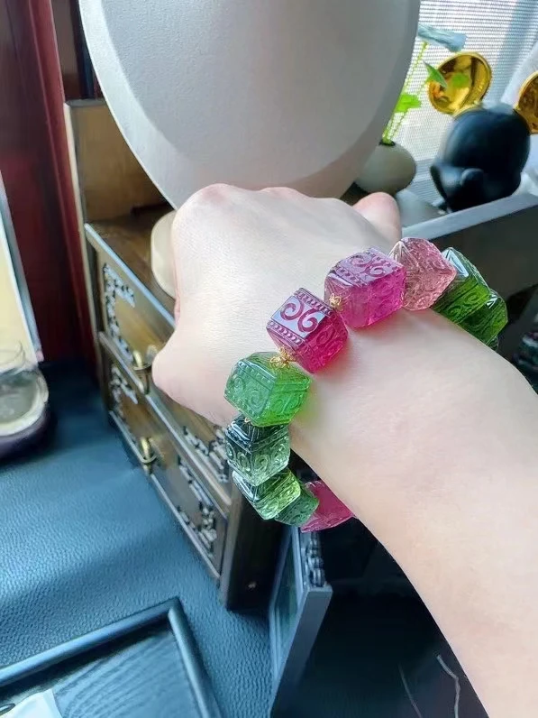 Natural Colorful Tourmaline Clear Round Beads Bracelet 12/18/10mm Brazil Cube Green Red Tourmaline Women Men AAAAAAA