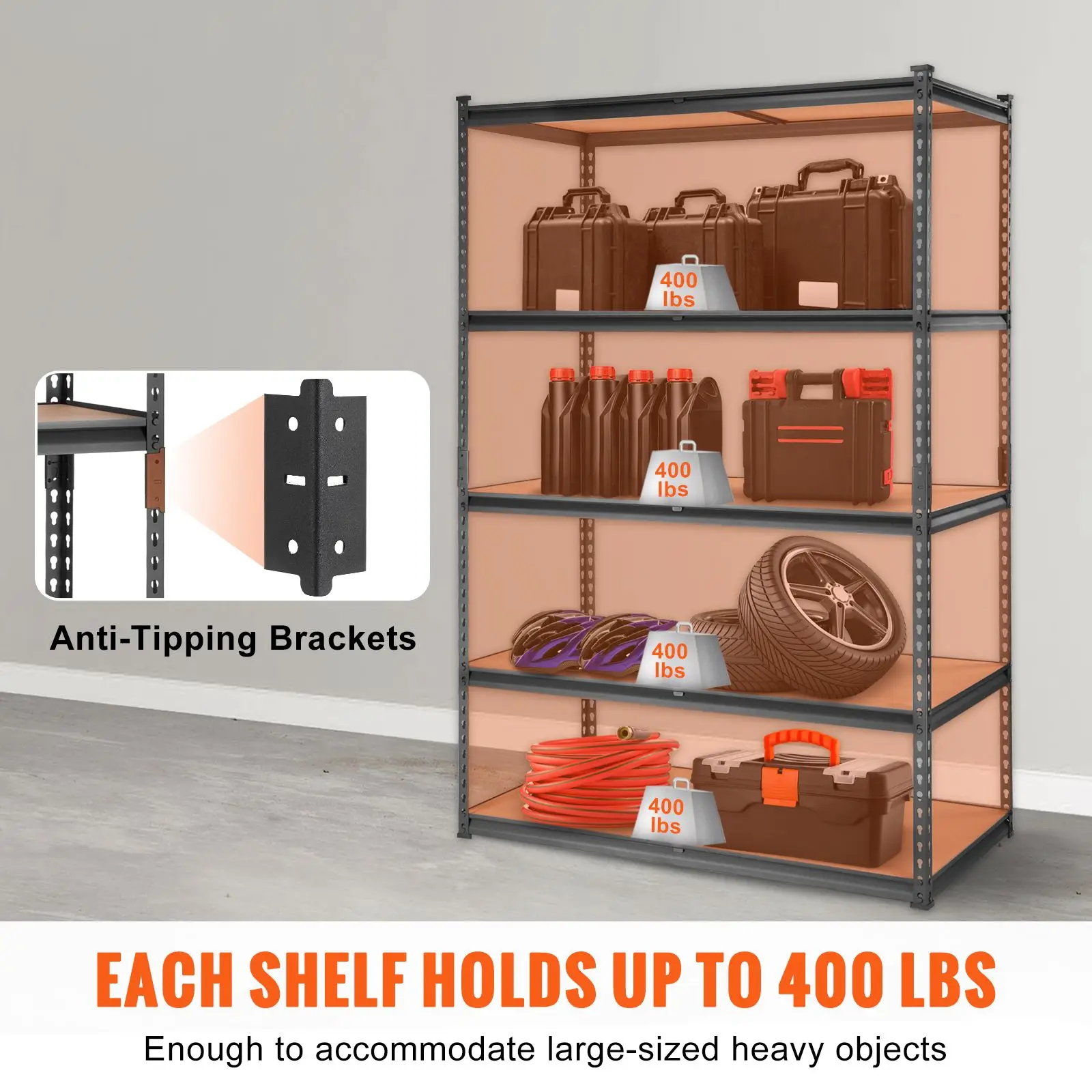 Storage Shelving Unit, 5-Tier Adjustable, 2000 lbs Capacity, Heavy Duty Garage Shelves Metal Organizer Utility Rack, Black, 48