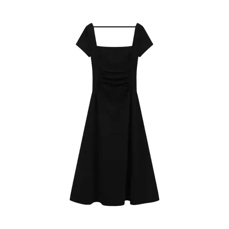 Elegant Classic Square Neck Black Dress Women Short Sleeve A-Line Little Black Dress High Waist Pleated Outfit Hepburn Style
