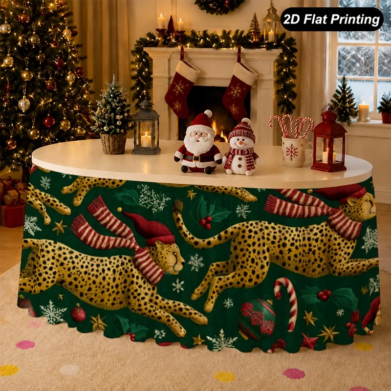 1-Piece Christmas table cloth leopard print holiday leaf table skirt, perfect for home kitchen decoration
