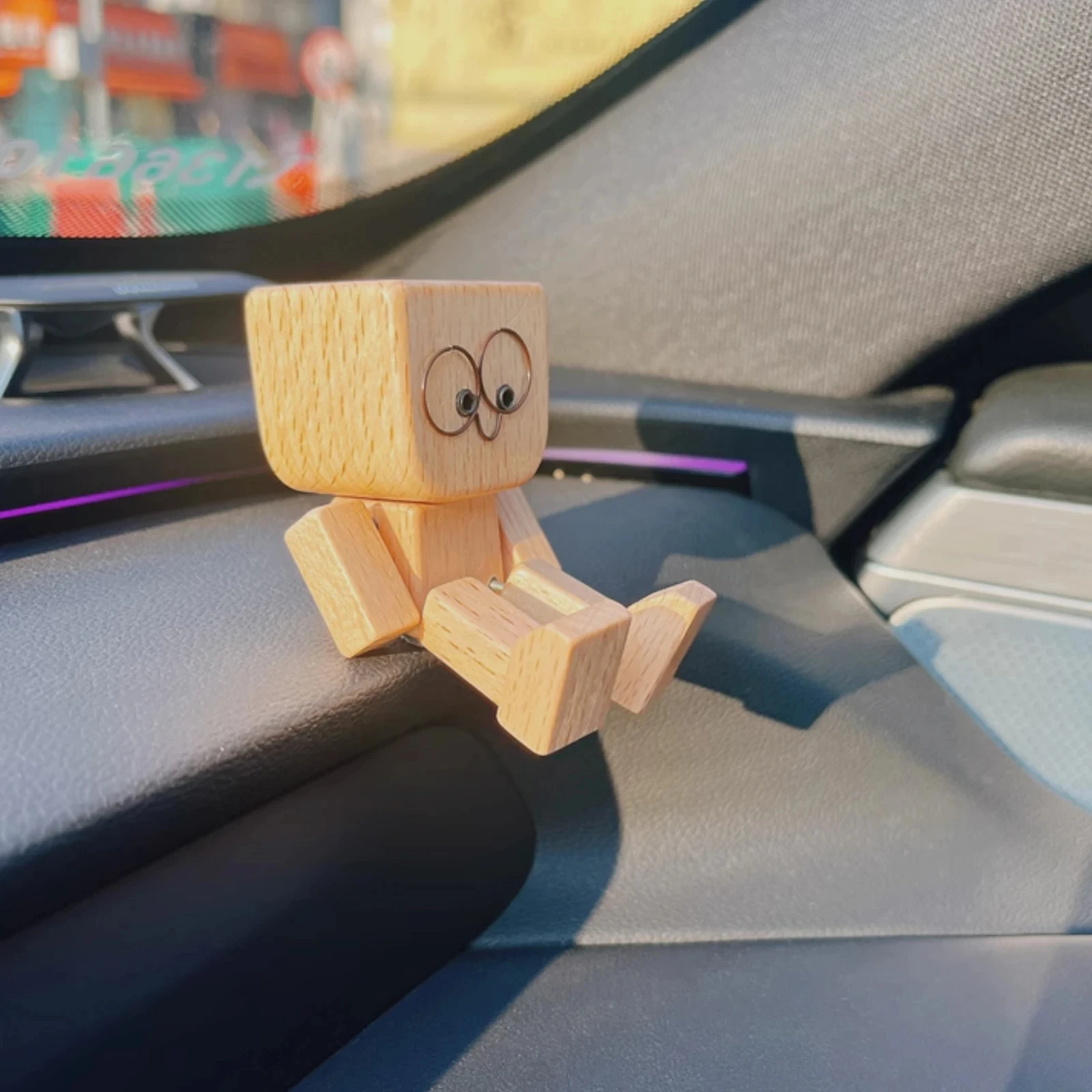Cute Car Shaking Wooden Man Figurine Interior Wood Ornaments with 12 Magnetic Expressions Handmade Wooden Wiggle Ornament Gift image 2
