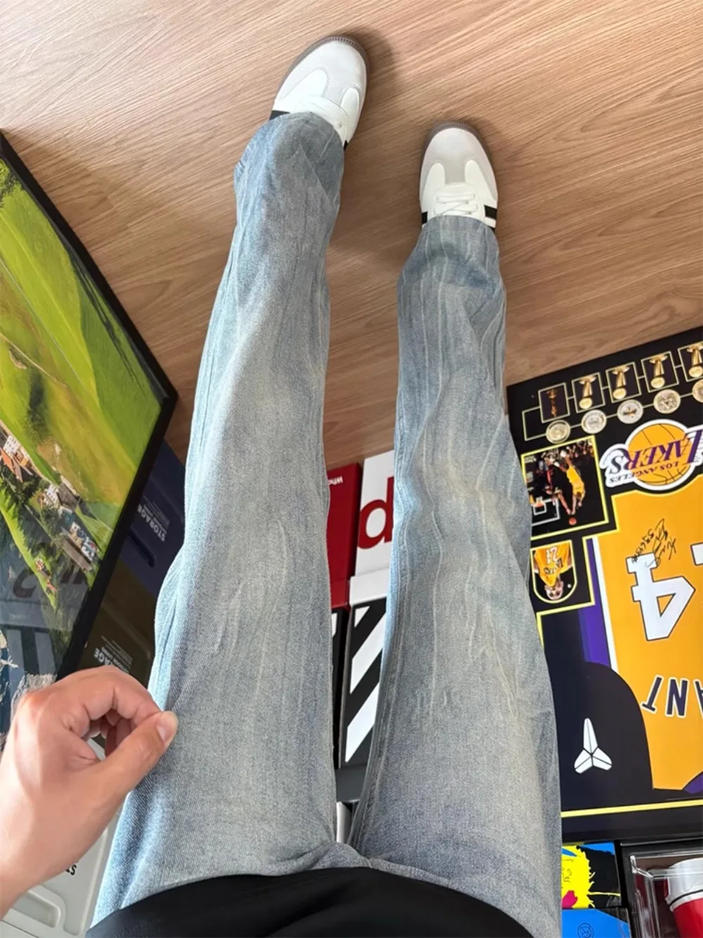 

Blue High Waist Slimming Straight Leg Jeans Men's Summer Thin American Vibe Bell Bot Casual Pants Loose Fit Long Trousers