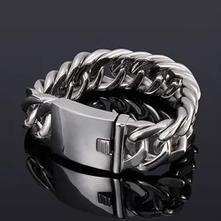 22mm Heavy Punk Retro Double Curb Cuban Chain Bracelet Men Women Rock Hiphop Shiny Stainless Steel Fashion Bike Bangle Jewelry