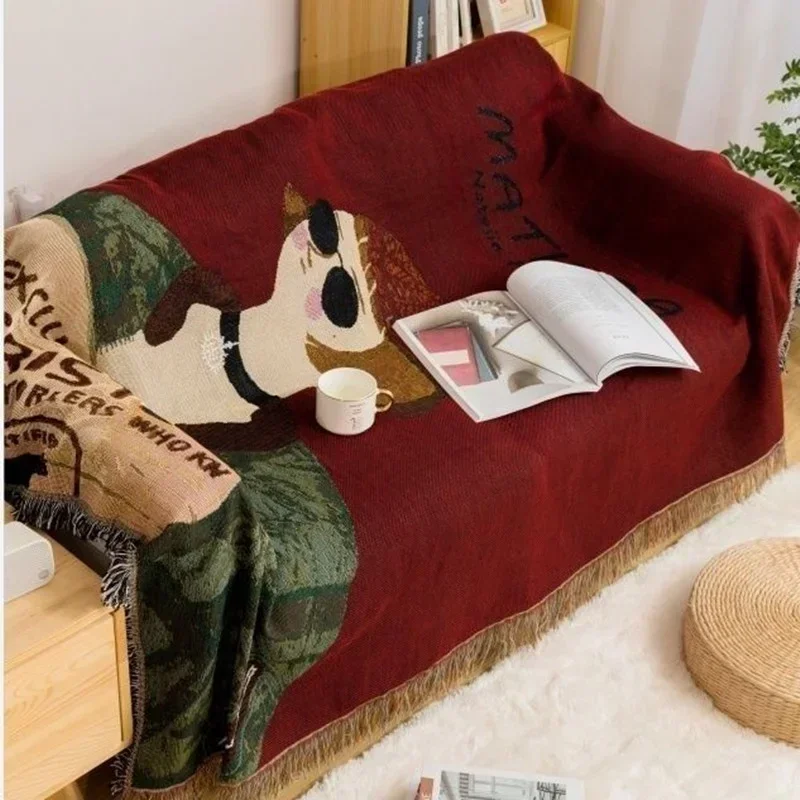 Cartoon Characters Pattern Knit Cotton Fringed Couch Throw Blanket Large Sofa Blanket Nap Blankets Outdoor Picnic Mat Home Decor