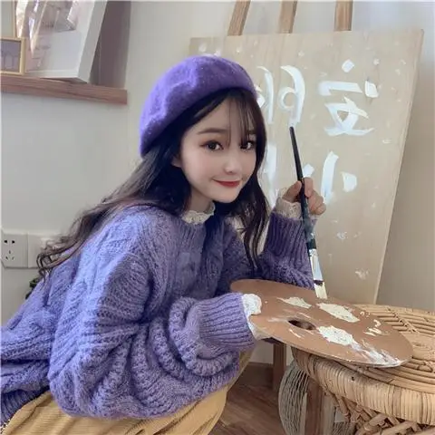 Girls Sweater Autumn Spring Korean Sweet LOOSE O-Neck Vintage Full Small Fresh All-match Women Sweater Keep Warm Lovely