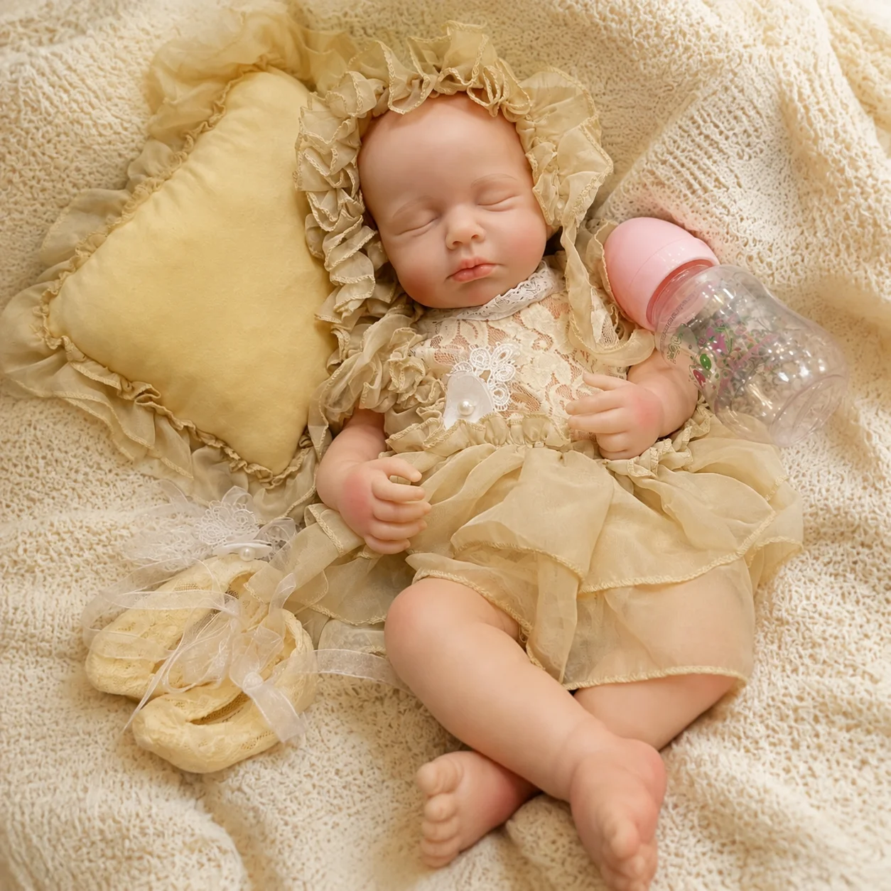 18 Inch Full Body Silicone Reborn Baby Doll Loulou With Khaki Tulle Skirt Hand Painted Soft Touch Bebe Reborn Collectible Art Display Gift