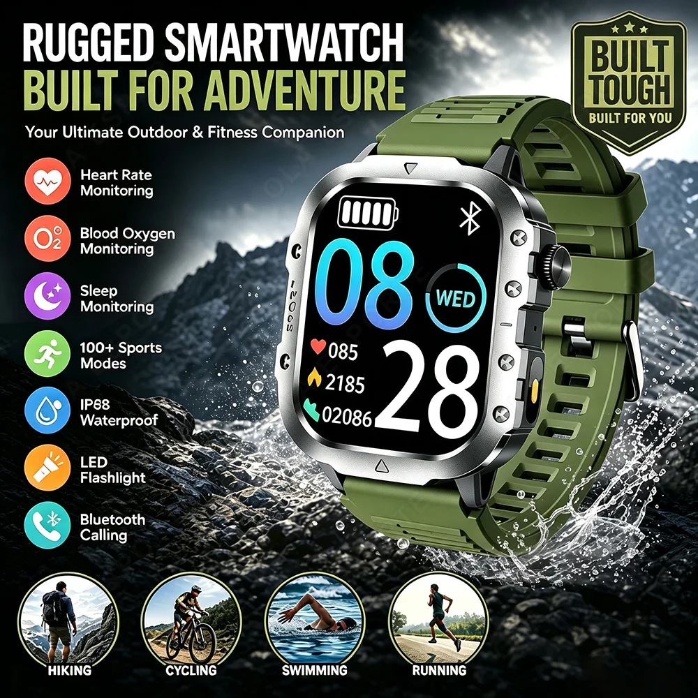 2026 Rugged Military Smart Watch Men's Outdoor Watch LED Flashlight 2.01'' HD Touch Screen Voice Bluetooth Call Smartwatch HW12