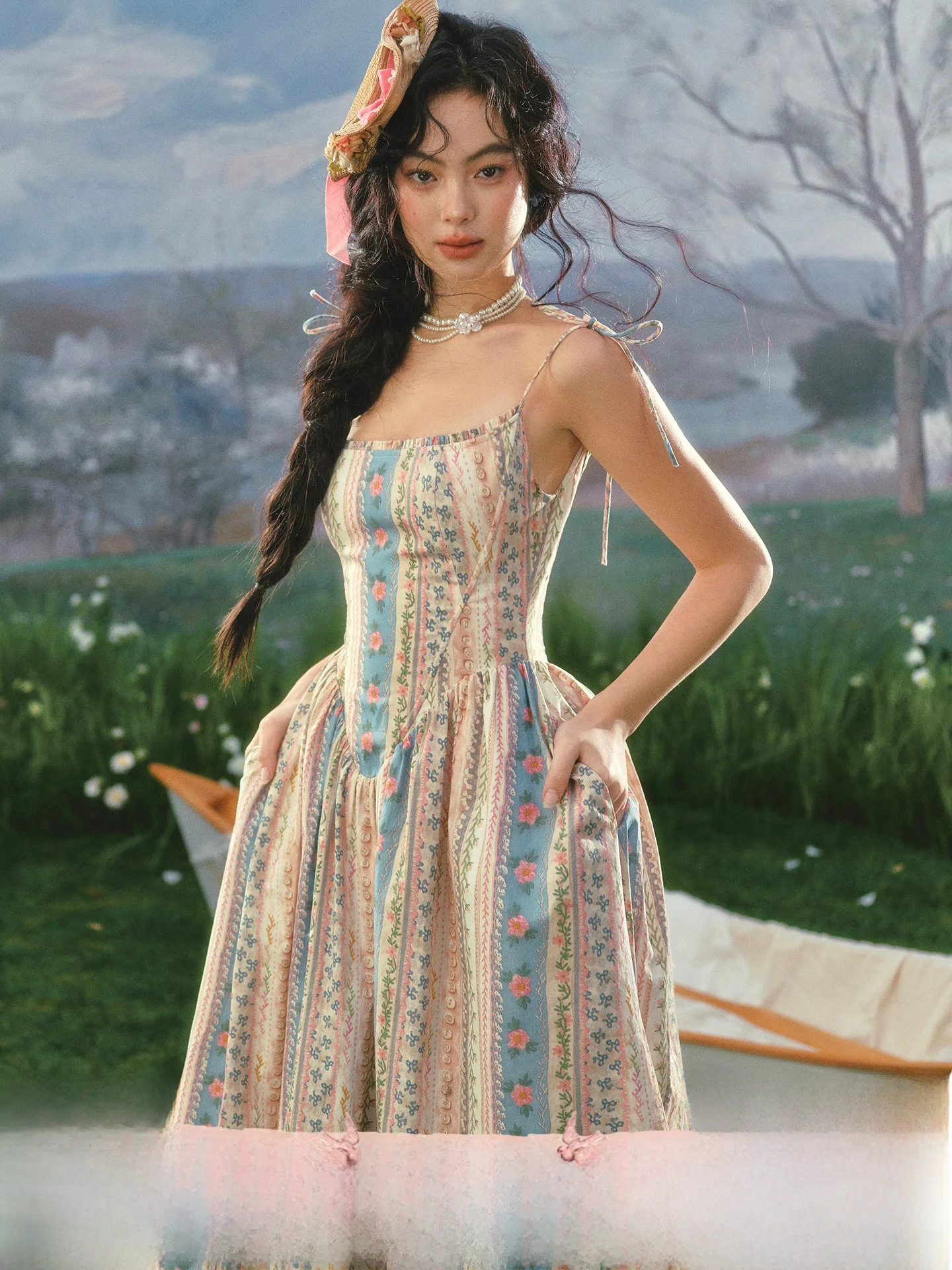 

French Sle Floral Print Maxi Dr Rainbow Brie Fibone A-Line Skirt Casual Summer Dr Commute Suitable Women's Dr