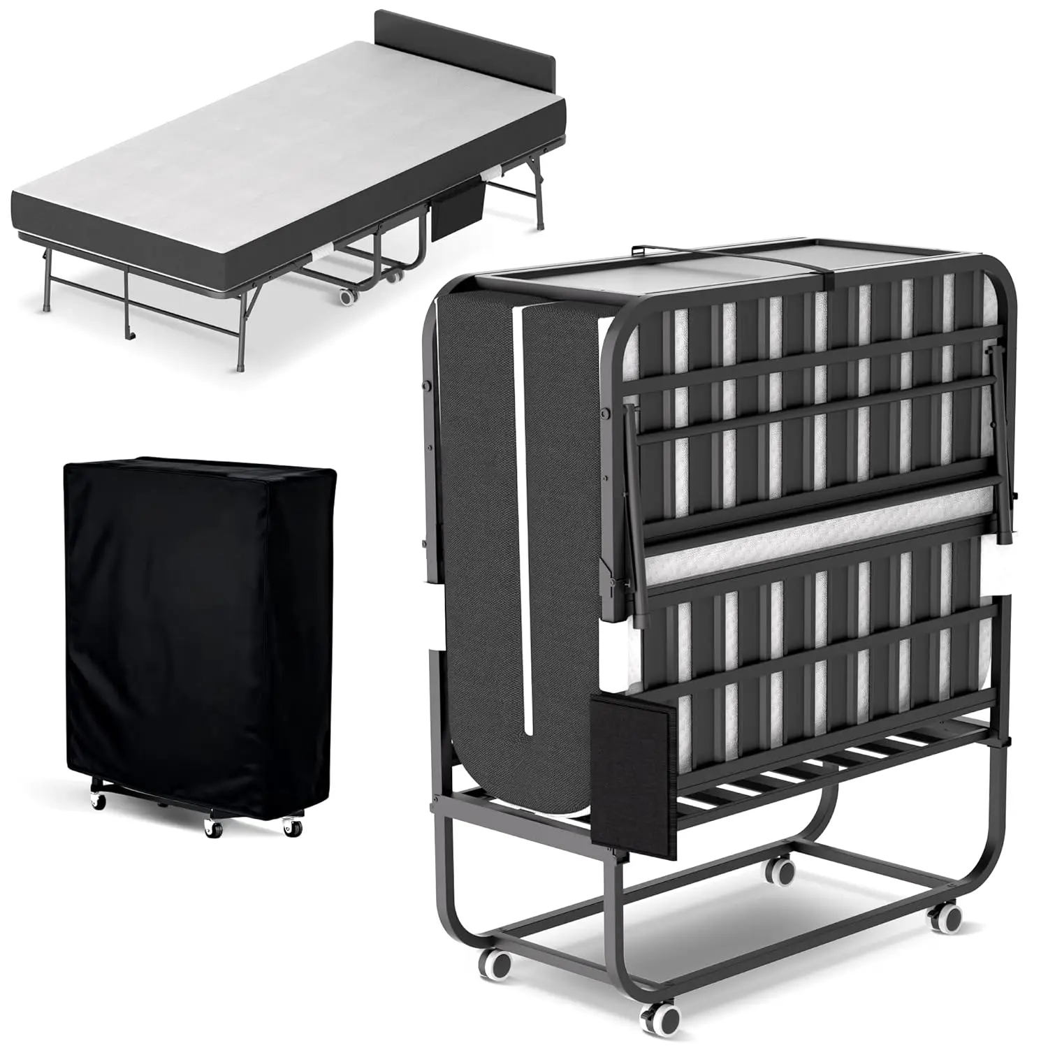 Folding Bed With Mattress,Rollaway 5-Inch Memory Foam Foldable Guest Bed For Adults,500lbs Capacity With Storage, Customized