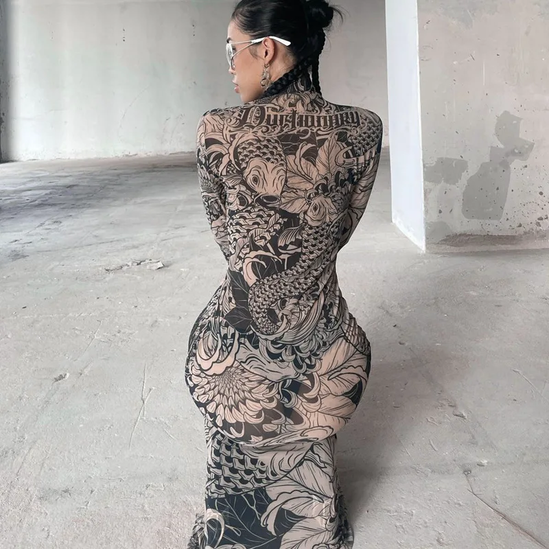 女性のためのハイネックロングドレス,メッシュ,Vネック,スリムフィット,長袖,セクシー,タイト,ダークゴシック,秋,新作