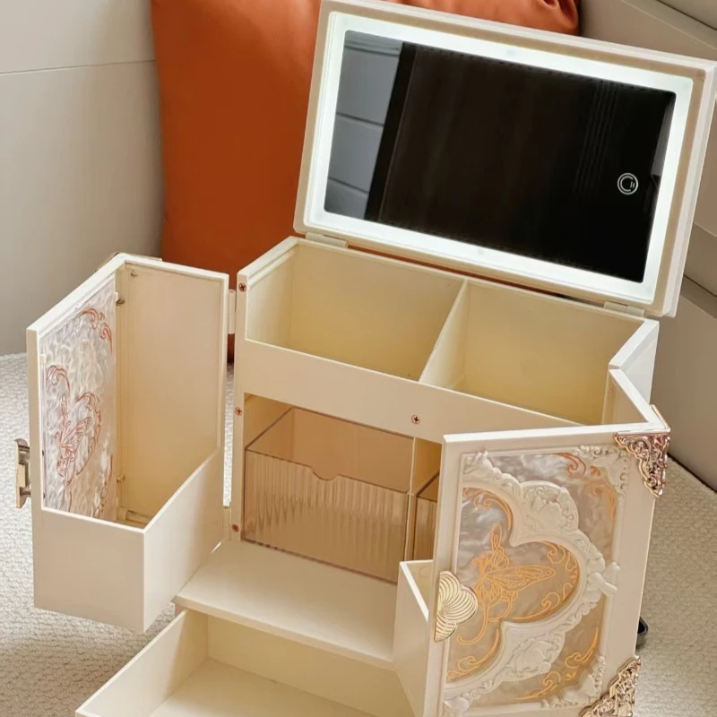 

LED Sweet Retro Makeup Desk Carving Storage Cabinet Luxury Makeup Desk Designer Large Gift Makeup Box