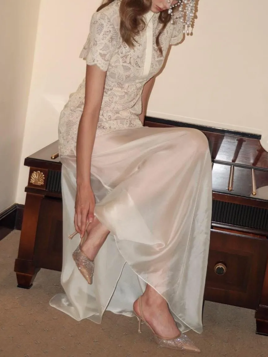Damen-Minikleid mit Häkelblumenmuster, hohlem Reverskragen und kurzen Ärmeln + A-Linien-Maxirock mit hoher Taille