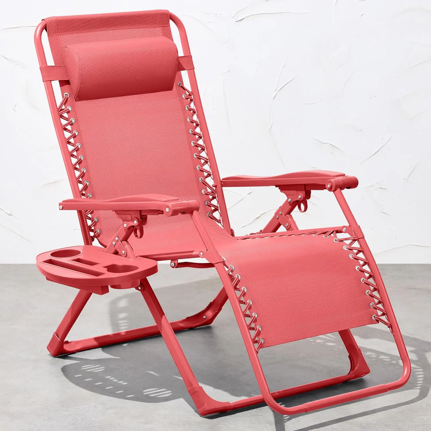 Adjustable Zero Gravity Chair, Monochromatic Color Folding Patio Recliner w/Side Tray, Headrest - Coral