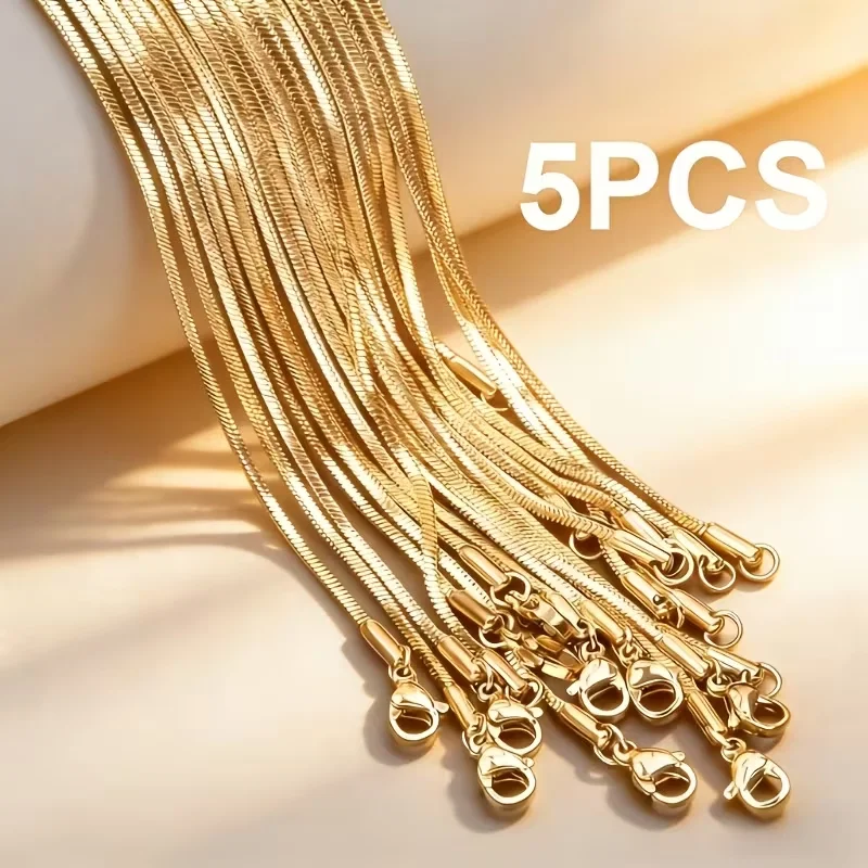 5PCs Simply 1mm Width Round Snake Chain Gold PVD Plated Stainless Steel Necklaces Wholesale High-Polished Jewelry 18-24inches