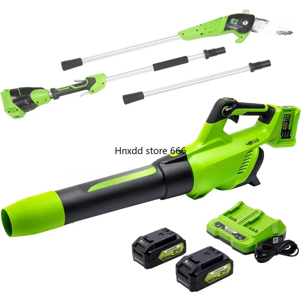 48V (2 x 24V) Brushless Cordless Blower (585 CFM / 140 MPH), (2) 4.0Ah USB Batteries and Charger Included Pole Saw