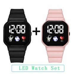 2Pcs/set Kids Watch Students Sports LED Digital Watches Spaceman Silicone Strap Electronic Wristwatch for Children Boys Girls