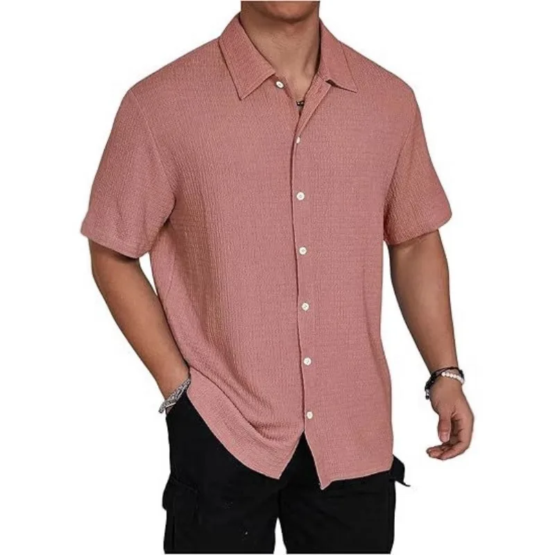 Men's Light Purple Textured Short Sleeve Shirt Collared Button Front Casual Top Solid Color Men's Clothing