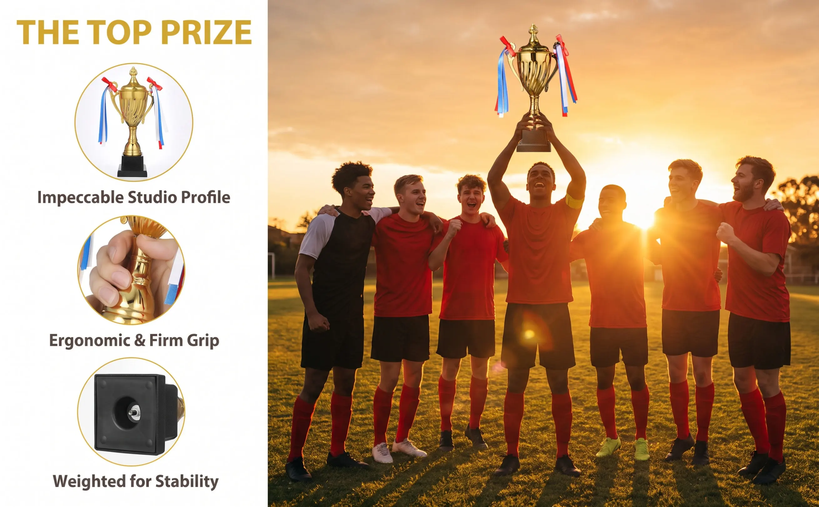 Large Trophy Cup Metal Construction Gleaming Surface Stable Base Trophy Award for Soccer Sports Competition Winner Celebration